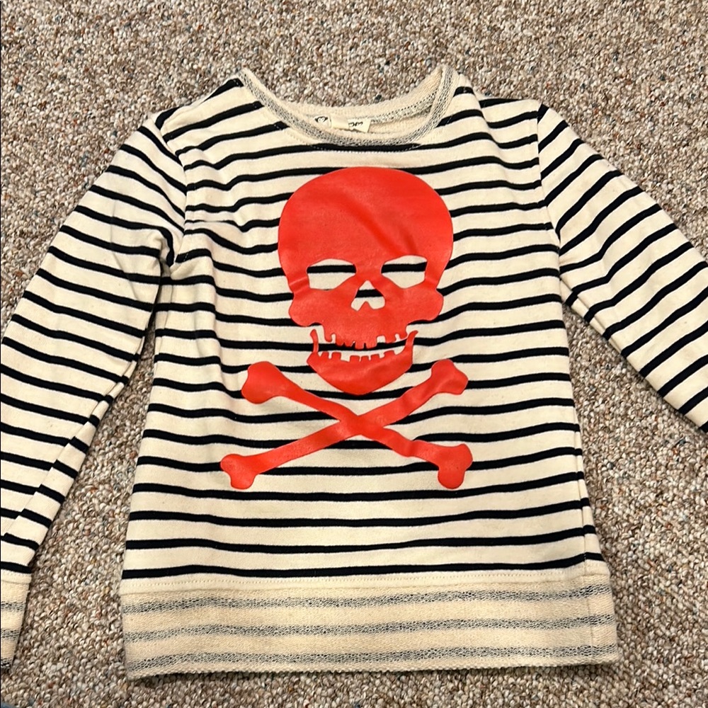 Appaman Cream and Navy Striped Long-Sleeve Sweatshirt with Red/Orange Skull